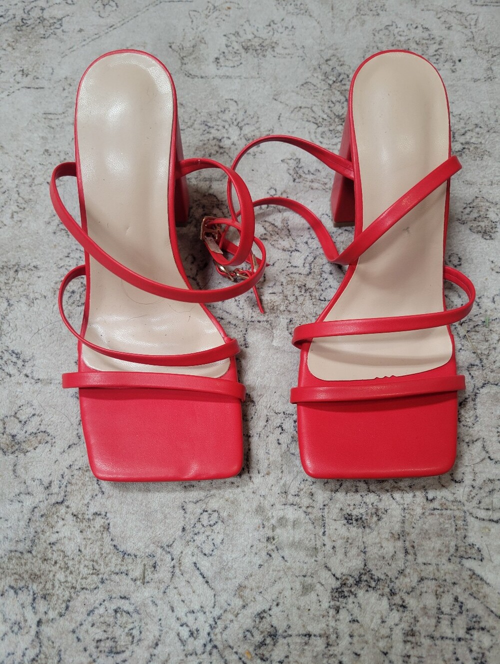 SHEIN Red Strappy Square-Toe Block Heel Sandals